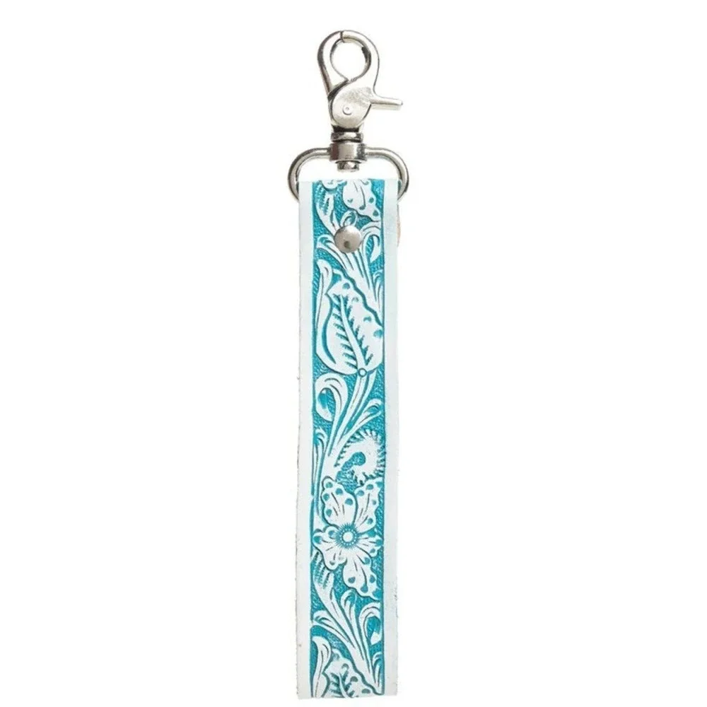 Myra Bag Tampico Trails Keychain FOB Hand Tooled Turquoise White Leather S-10836 - Picture 2 of 3